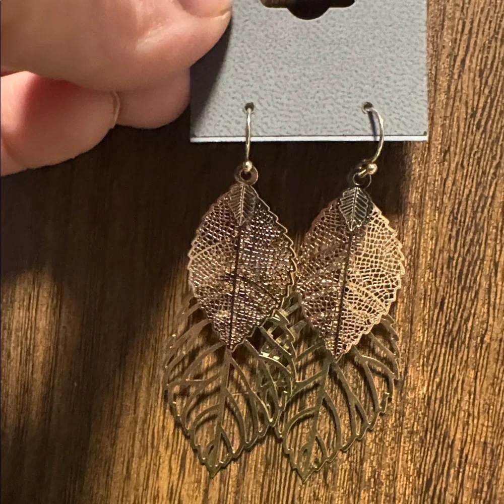 Express Rose Gold and Gold Layered Leaf Dangle Earrings (BR555( - Picture 5 of 7